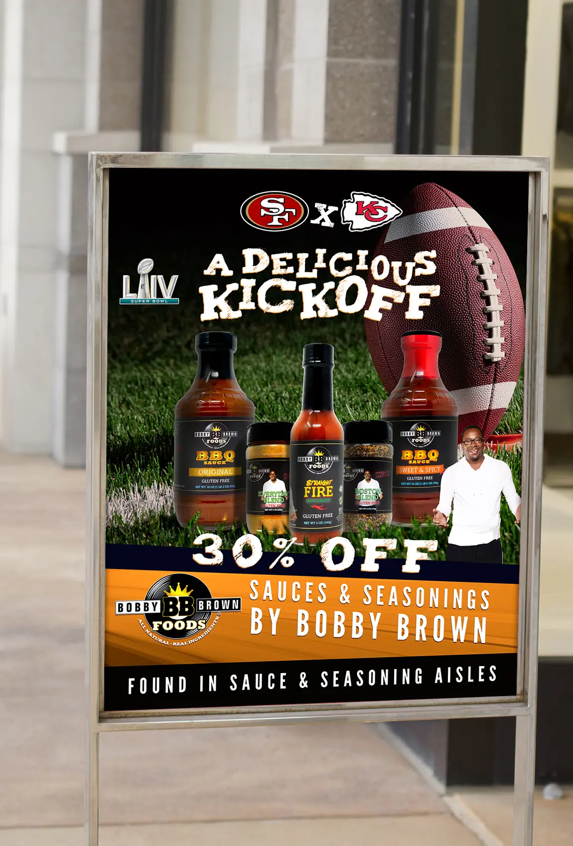 Bobby Brown Foods' Superbowl Sale Poster for Sauces - LA Graphic Print Design Services