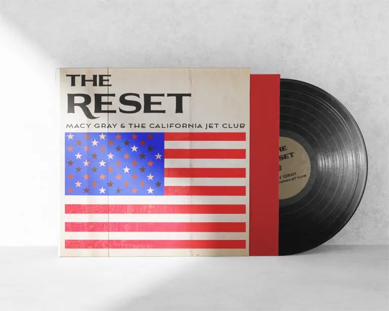 Macy Gray's The Reset Album Cover Art Design featuring a new and more inclusive rendition of the American flag and bold serif, Aviano font text.